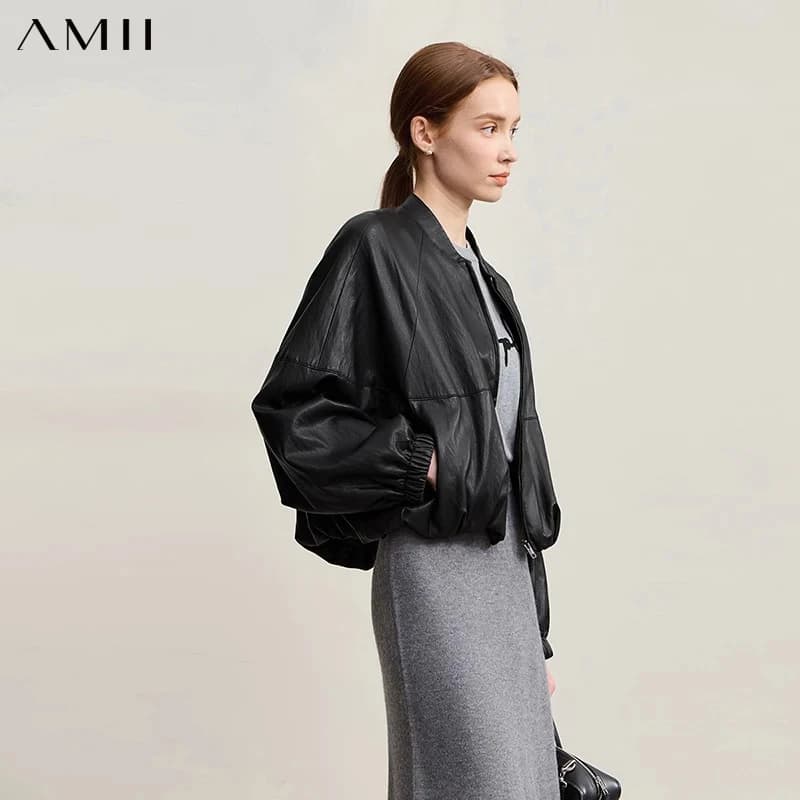 AMII Women's Leather Jacket 2026 Winter New Solid Loose Short Leather Jacket Versatile PU Long Sleeve Women's Clothing 12554046