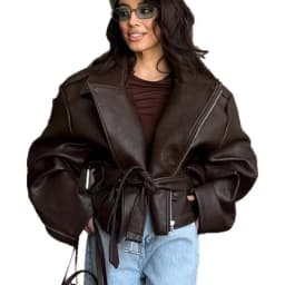 Elegant Vintage Brown Zipper Leather Short Jacket Women Chic Lapels Long Sleeved Belt Loose Coats Autumn Highstreet Women's Coat