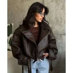 Elegant Vintage Brown Zipper Leather Short Jacket Women Chic Lapels Long Sleeved Belt Loose Coats Autumn Highstreet Women's Coat
