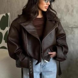 Elegant Vintage Brown Zipper Leather Short Jacket Women Chic Lapels Long Sleeved Belt Loose Coats Autumn Highstreet Women's Coat