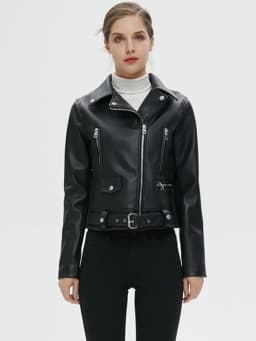 FTLZZ New Women Autumn Winter Black Faux Leather Jackets Zipper Basic Coat Turn-down Collar Motor Biker Jacket With Belt