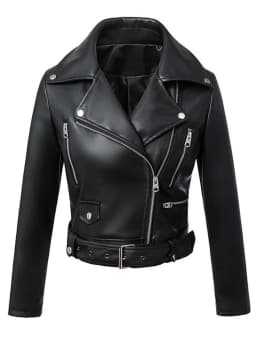 FTLZZ New Women Autumn Winter Black Faux Leather Jackets Zipper Basic Coat Turn-down Collar Motor Biker Jacket With Belt