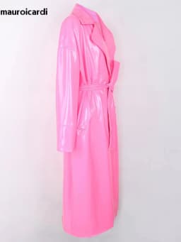 Mauroicardi Spring Long Soft Thin Flowy Shiny Reflective PVC Trench Coat for Women Sashes Y2K Streetwear Runway European Fashion