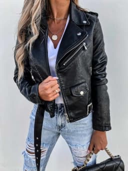 Mandylandy Locomotive PU Jackets Outwear Women Long Sleeve Zipper Fashion Jacket PU Leather Coat Motorcycle Short Coats Outwear