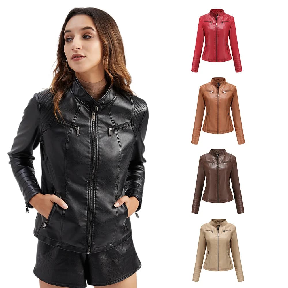 2026 New Women's Slim Leather Jacket, Stand-up Collar, Zipper Stitching, Monochromatic PU Coat, Fashion Clothing.