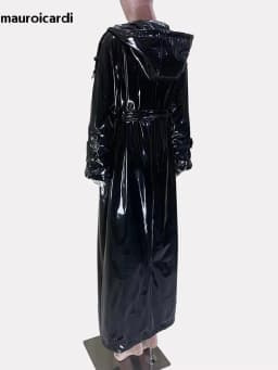 Mauroicardi Spring Autumn Cool Extra Long Shiny Reflective Waterproof Thin Black Soft Patent Faux Leather Coat Women with Hood