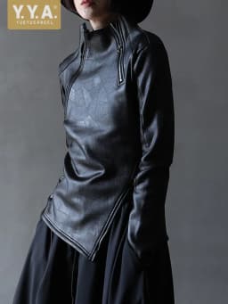 Dark Style Irregular Stand Collar Diagonal Zipper Faux Leather Sweatshirt Female Cool Black Gothic Jacket Fleece Lining Pullover