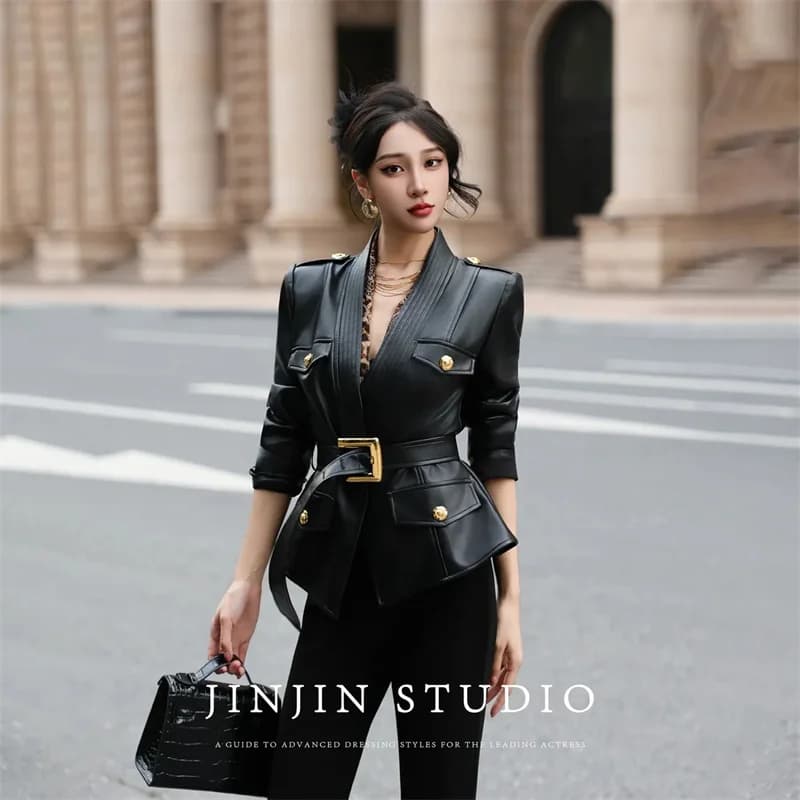 Leather Jacket Women's Jackets Spring and Autumn Cardigan Ladies' Senior Leather Coat Waist Temperament Design Sense Coat Tide