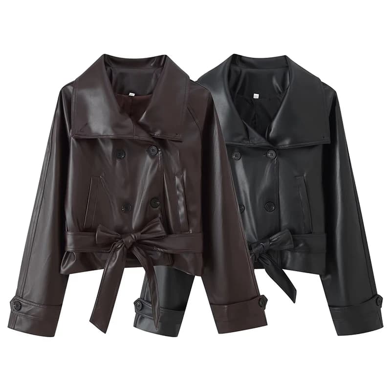 Willshela Women Fashion With Belt PU Solid Double Breasted Jackets Vintage Lapel Neck Long Sleeves Female Chic Lady Outfits