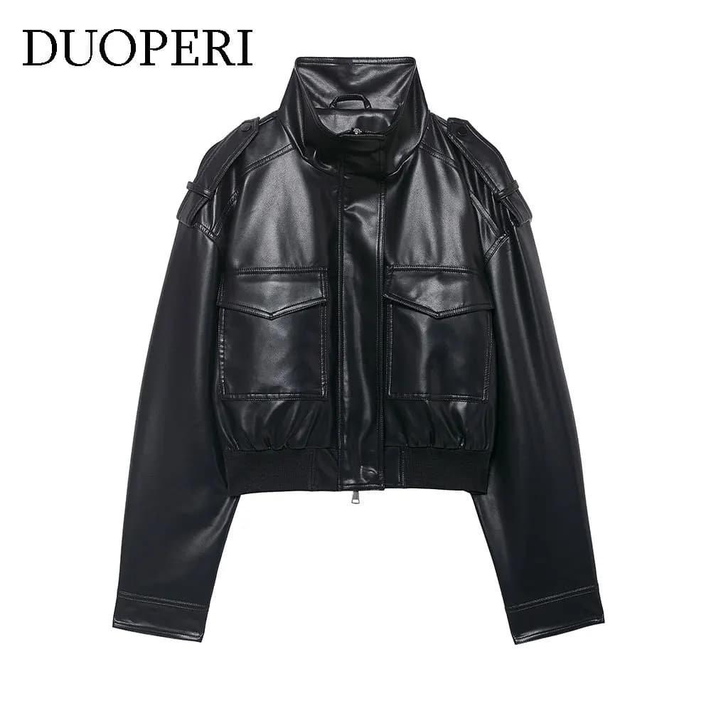 DUOPERI Women's Fashion With Pockets PU Black Jackets High Street High Neck Long Sleeves Coats Female Elegant Chic Lady Outfits