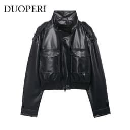 DUOPERI Women's Fashion With Pockets PU Black Jackets High Street High Neck Long Sleeves Coats Female Elegant Chic Lady Outfits