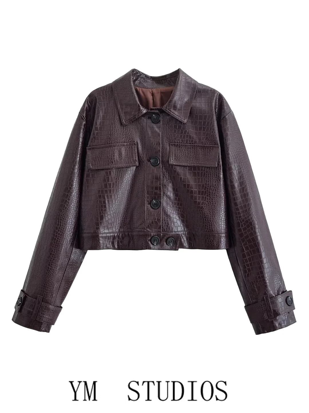 Cool Street Style Short Leather Jacket Women's Crocodile Pattern Shiny Button Coat Spring Fashion Ladies' PU Leather Coat