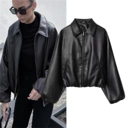Fall New Arrival Women's Casual Fashion Leather Pilot Collar Jacket Coat High-End Feel Zipper Loose Fit Long Sleeve Zipper