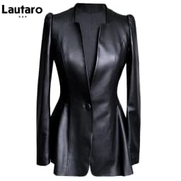 Lautaro Autumn Black Slim Soft Pu Leather Jacket Women Deep V Neck Long Puff Sleeve Elegant Luxury Skirted Blazer Fashion 2021