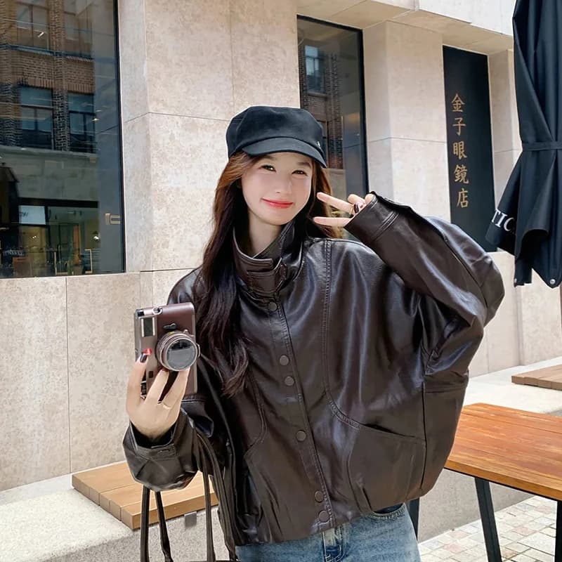Women Faux Leather Jacket Stand Collar Snap Button Coat Oversized Drop Shoulder Bomber Y2K Retro Streetwear Autumn Outerwear Top
