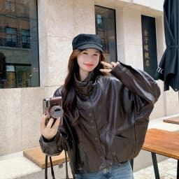 Women Faux Leather Jacket Stand Collar Snap Button Coat Oversized Drop Shoulder Bomber Y2K Retro Streetwear Autumn Outerwear Top