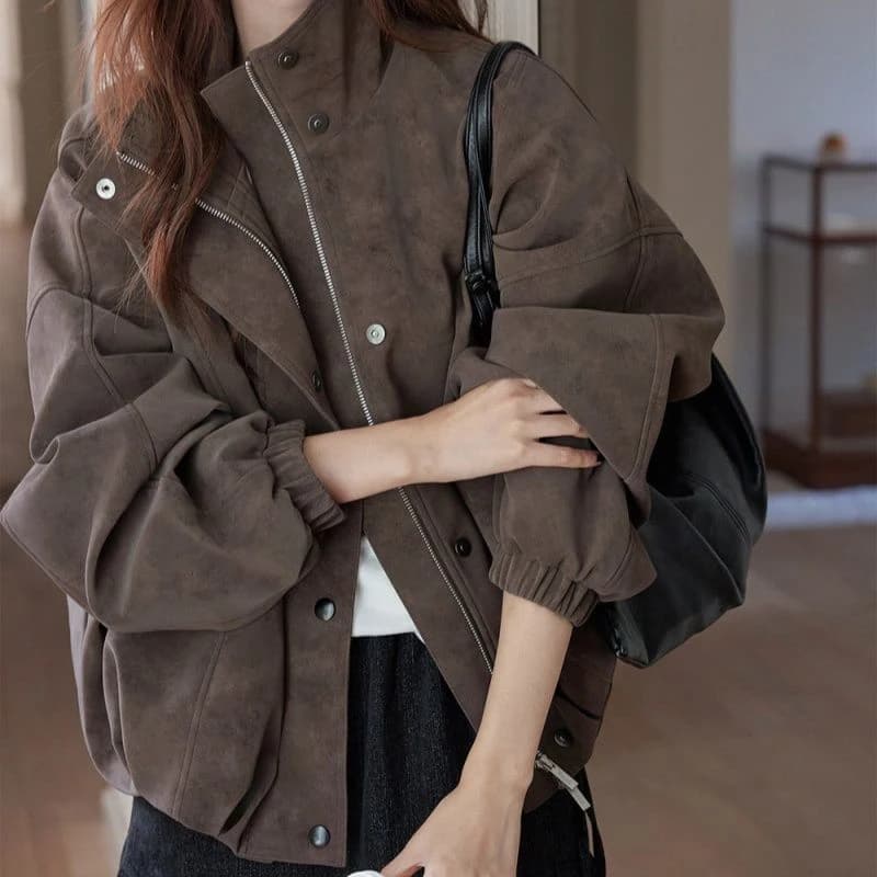 Retro Matte Suede Women Jacket Stand Collar Zip Up Oversized Coat Drop Shoulder Pockets Elastic Hem Y2K Grunge Streetwear Top