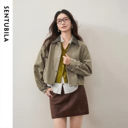 SENTUBILA Women Faux Suede Cropped Jacket Autumn 2026 Vintage Retro Vibe Drop Shoulder Loose Casual Daily Outer Coat W63WB8301