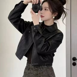 Chic Black Women Pu Leather Jacket Cropped Zip Up Lapel Collar Moto Y2K Streetwear Biker Faux Outerwear Top