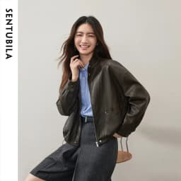 SENTUBILA Women's Retro PU Jacket Motorbike Style Loose Drop Shoulder Cropped Coat 2026 Autumn Trendy Outerwear Ladies W63GA7905