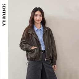 SENTUBILA Women's Retro PU Jacket Motorbike Style Loose Drop Shoulder Cropped Coat 2026 Autumn Trendy Outerwear Ladies W63GA7905