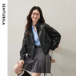SENTUBILA Women's Retro PU Jacket Motorbike Style Loose Drop Shoulder Cropped Coat 2026 Autumn Trendy Outerwear Ladies W63GA7905