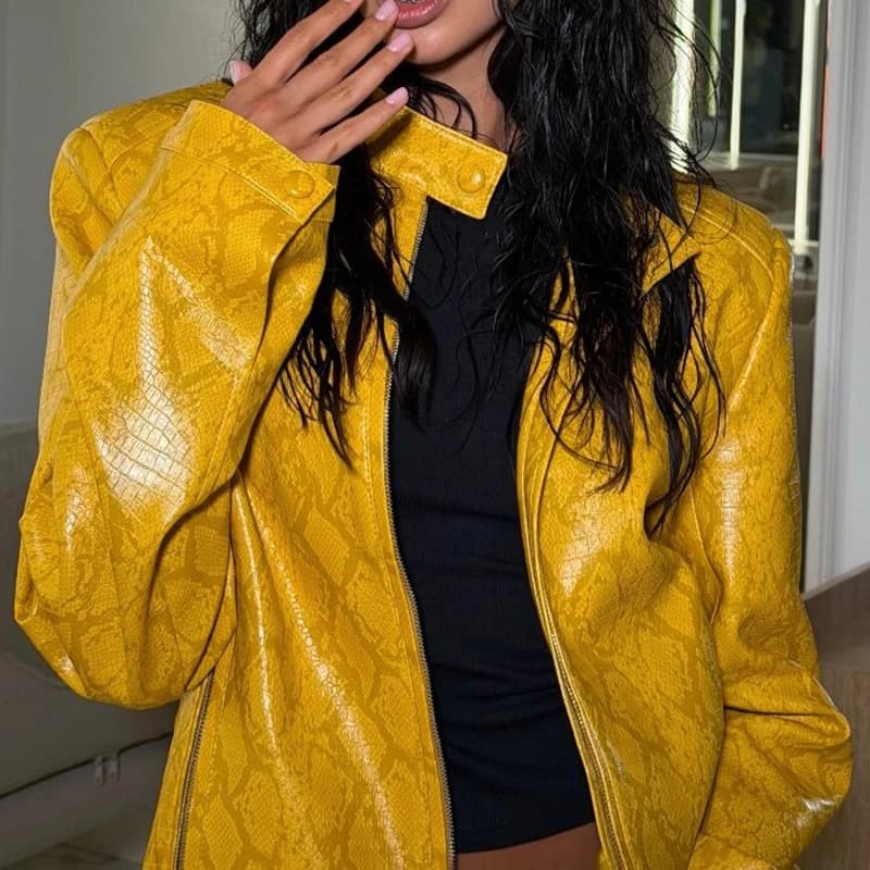 Women's Chic Snake Pattern Cropped Coat Trendy Stand Collar Faux Fur Leather Short Jacket 2026 Autumn NEW High Street Outfit