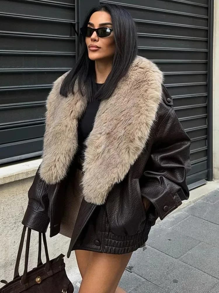 2026 Winter Women Loose Faux Leather Jacket Fashion Removed Big Fur Collar Causal Coat High Street Double Breasted Outwear