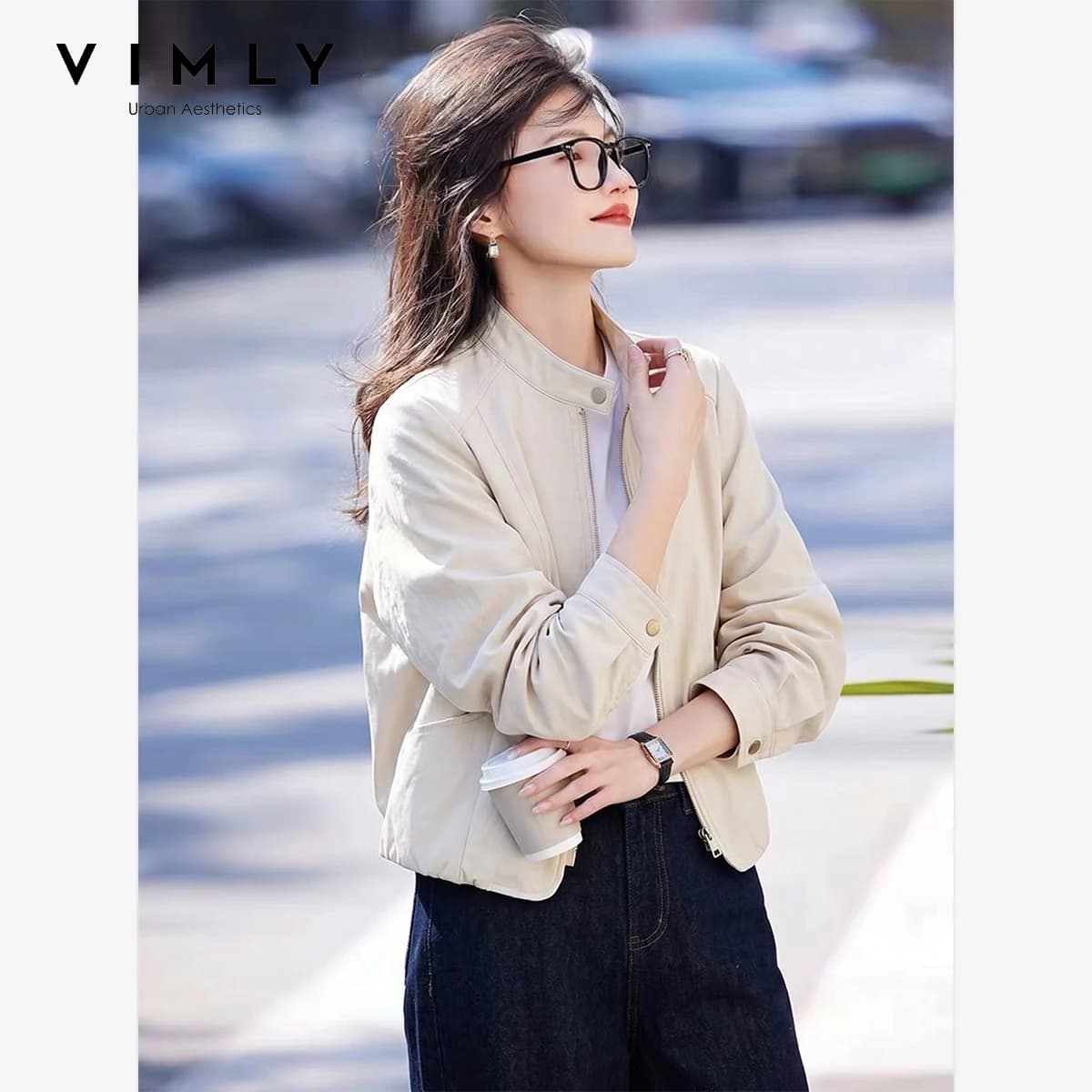 VIMLY Women's Leather Short Jacket 2026 Autumn Round Neck Fashion Coats Elegant Casual Loose-fit Female Windproof Outwears 31533