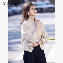 VIMLY Women's Leather Short Jacket 2026 Autumn Round Neck Fashion Coats Elegant Casual Loose-fit Female Windproof Outwears 31533