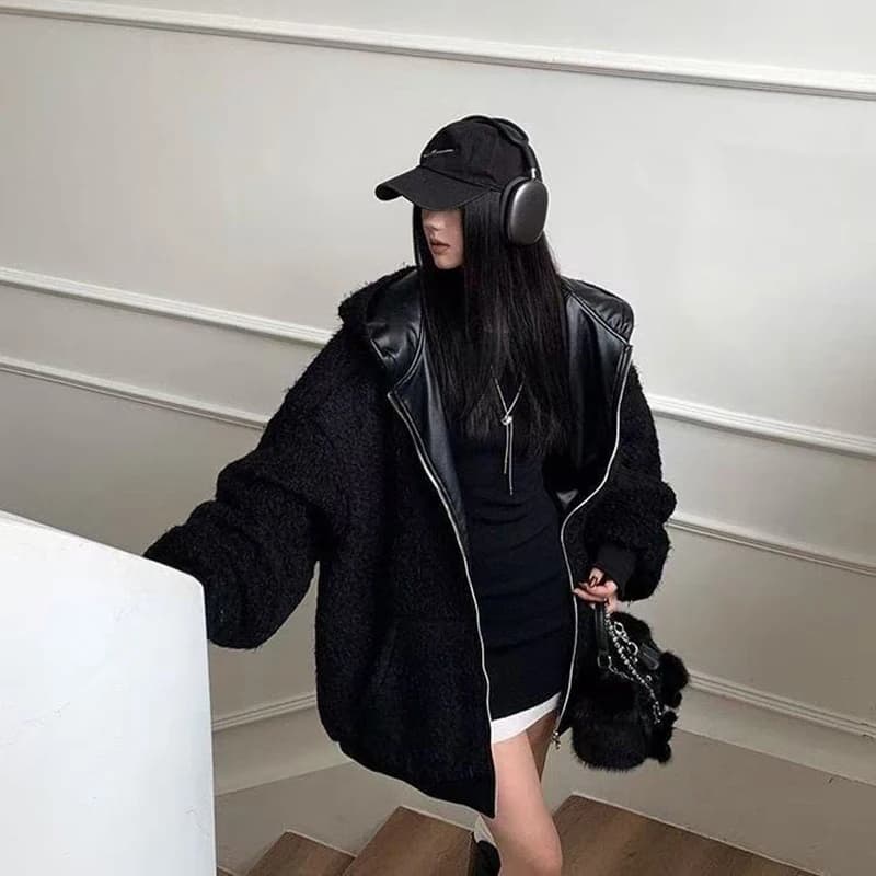 Chic Fleece Pu Reversible Women Jacket Hooded Zip Up Oversized Black Grunge Y2K Streetwear Loose Baggy Winter Coat Top