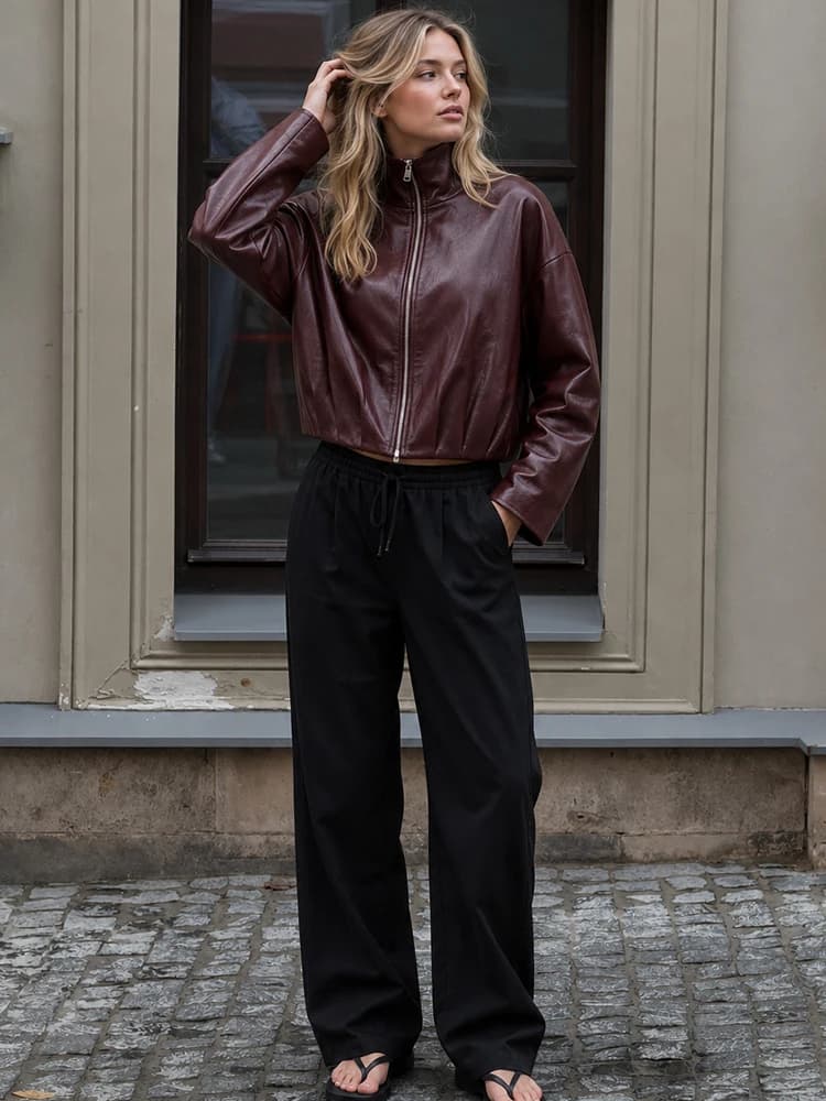 HH Vintage Women’s Cropped Faux Leather Jacket 2026 Spring Autumn Long Sleeve Stand-Collar Zip-Up Biker Style Coat Streetwear
