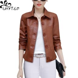 UHYTGF Leather Jacket Women Single-breasted PU Washed Leather Autumn Leather Coat Solid Color Wild Slim Short tops Big Size 827