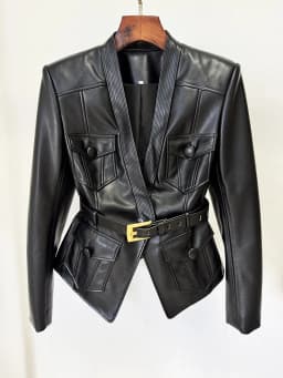 HIGH STREET Newest 2026 Designer Jacket Women's Belt Slim Fitting Leather Button Pocket Decoration Artificial Leather Blazer