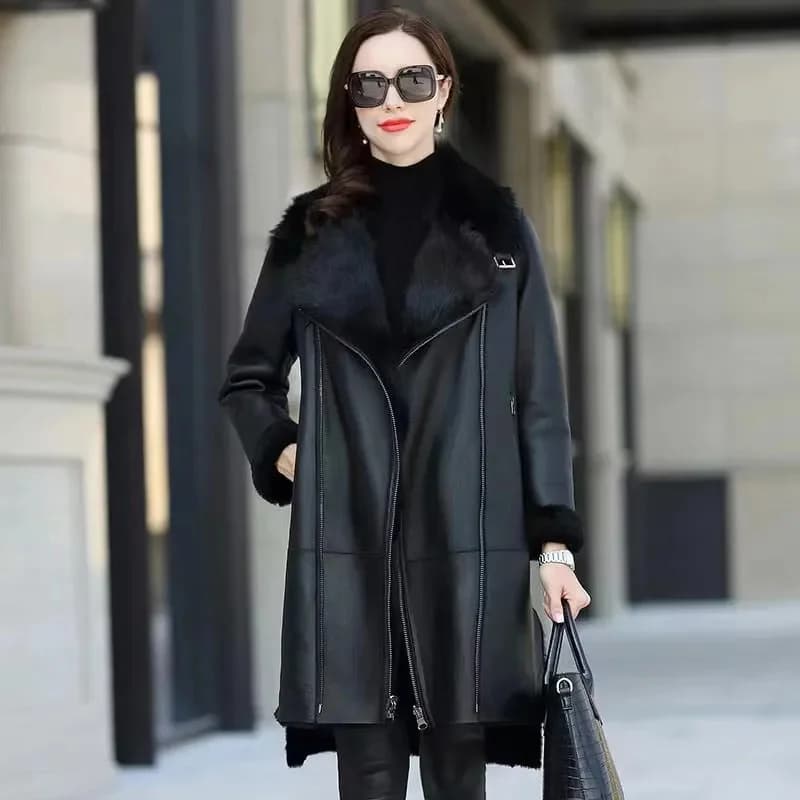 Oversized 6XL Thicken PU Leather Jacket Women's 2026 Winter Warm Faux Mink Fur Coat Female Loose Windproof Parka Long Overcoat