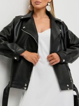 Ailegogo Streetwear Women Moto Biker Loose Black Pu Faux Leather Jacket Spring Autumn Female Zipper Belt Coat Outwear