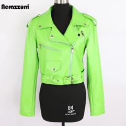 Nerazzurri Spring Autumn Short Green Pink Stylish Faux Leather Biker Jacket Women Zipper Long Sleeve Fashion 2022 5xl 6xl 7xl