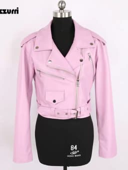 Nerazzurri Spring Autumn Short Green Pink Stylish Faux Leather Biker Jacket Women Zipper Long Sleeve Fashion 2022 5xl 6xl 7xl