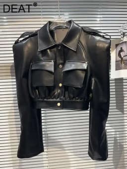 DEAT Streetwear Pocket PU Leather Black Coat For Women Long Sleeve Single Breasted Lapel Jacket 2024 Autumn New Female 11XX5280