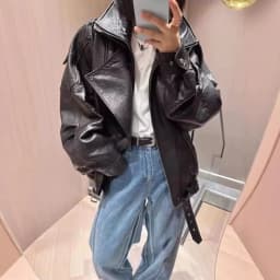Women Jacket PU Leather Casual Short Punk Lace Up Turn Down Collar Long Sleeve Zipper Loose Y2k Street Wear British 2026 Winter