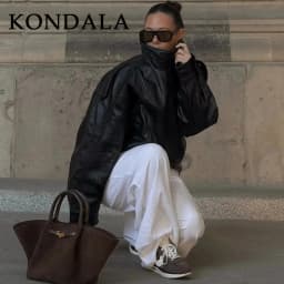 KONDALA 2026 Spring Autumn Faux Leather Women Vintage Coats Fashion Streetwear Zipper Turndown Collar Christmas Ladies Leathers