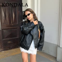 KONDALA 2026 Spring Autumn Faux Leather Women Vintage Coats Fashion Streetwear Zipper Turndown Collar Christmas Ladies Leathers