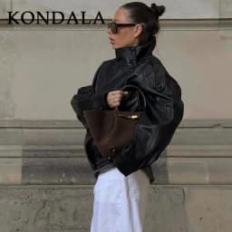 KONDALA 2026 Spring Autumn Faux Leather Women Vintage Coats Fashion Streetwear Zipper Turndown Collar Christmas Ladies Leathers