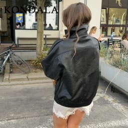 KONDALA 2026 Spring Autumn Faux Leather Women Vintage Coats Fashion Streetwear Zipper Turndown Collar Christmas Ladies Leathers