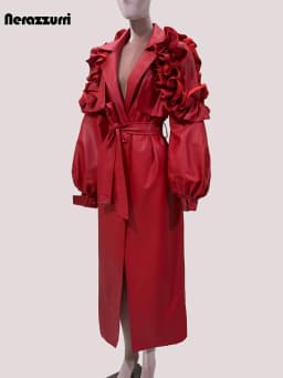 Mauroicardi Autumn Extra Long Red Soft Pu Leather Coat Women Ruffled Lantern Sleeve Back Slit Elegant Luxury Designer Clothes