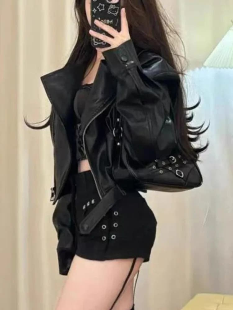 American Style Short Motorcycle Jacket Women's Autumn Winter New Design Zipper Slim Fit Leather Coat Sexy Girl Retro Style