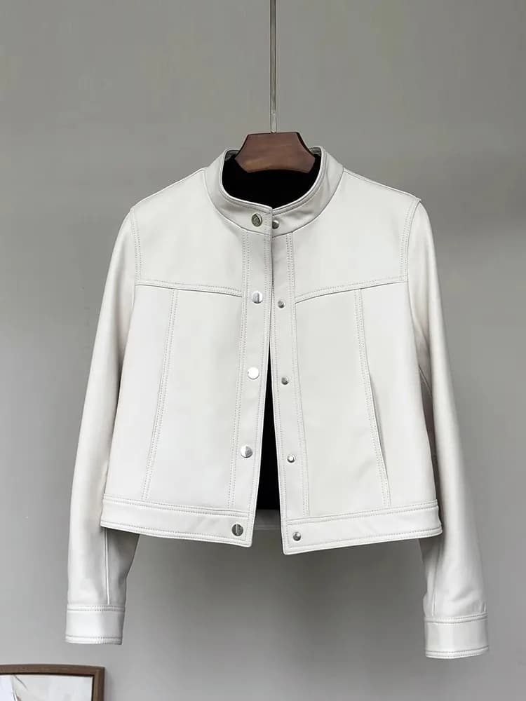 Lautaro Spring Autumn Short White Soft Pu Leather Jacket Women Stand Collar Long Sleeve Elegant Chic Luxury Designer Clothing