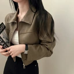 Chic Vintage Leather Velvet Long Sleeve Loose Fit Stand Collar Zipper Short Jacket Women's Fashion Commute Style Regular Sleeve