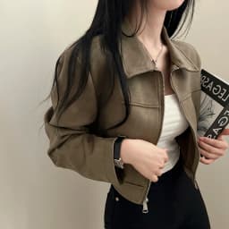 Chic Vintage Leather Velvet Long Sleeve Loose Fit Stand Collar Zipper Short Jacket Women's Fashion Commute Style Regular Sleeve