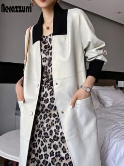 Nerazzurri Spring Autumn Loose Long Leather Trench Coat for Women with V Neck Raglan Sleeve Pockets Luxury Designer Clothes 2022